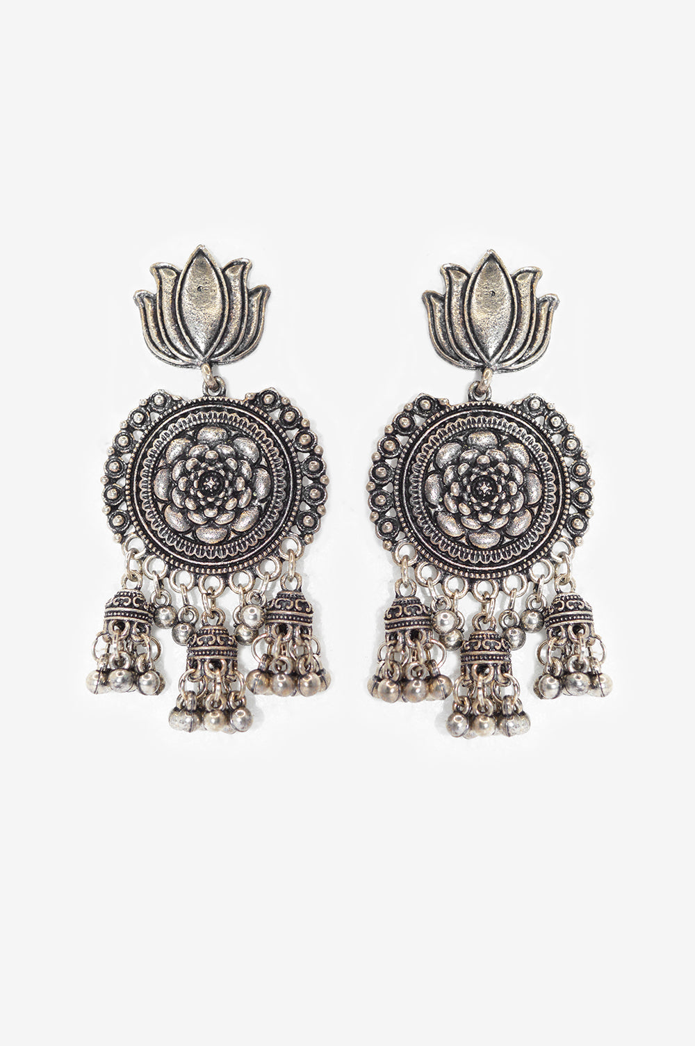 Oxidised Jhumki Earrings with Lotus Stud - Niscka