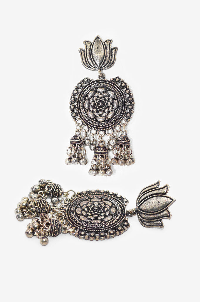 Oxidised Jhumki Earrings with Lotus for Women