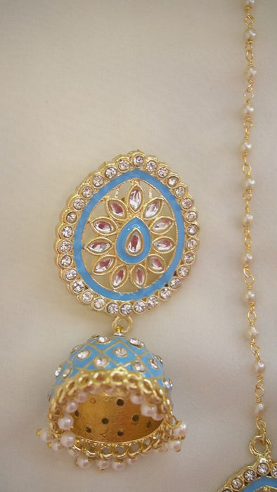 Bindiya kundan earrings and maangtikka - Peach – Rohika Store