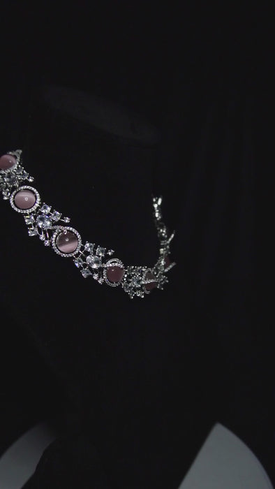 American Diamond Necklace Set with Pink Monalisa Stones