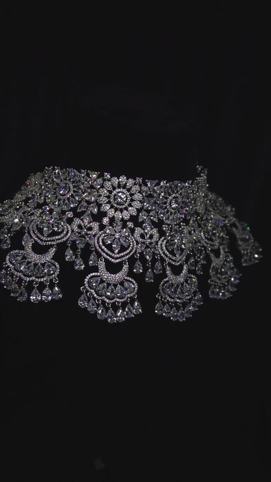 Luxurious Choker Necklace Set with Zircon Stones- Maharani Haar