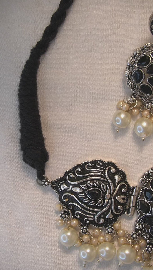 Black Oxidized Choker Necklace Set with Pearls