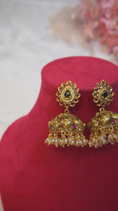  Gold Plated Maroon and Green Stone Jhumkas