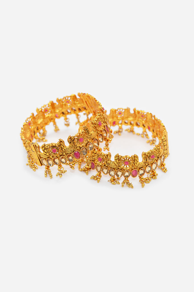 Traditional Kundan and Ruby Gold Plated Openable  Kada set of 2 - Latest Gold Bangles Design