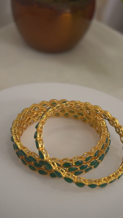 Green Stone Gold Plated Bangles - Fashion Bangles Set Jewelry 