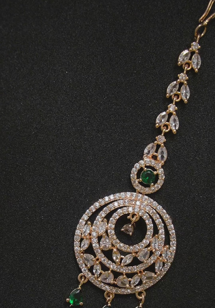 American Diamond Rose Gold Plated Green Stones Studded Maangtikka - Designer MaangTikka | Buy Designer Bridal Maang Tikka Online
