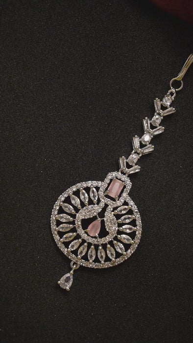 Stylish Pink Stone American Diamond Silver Plated Maangtikka