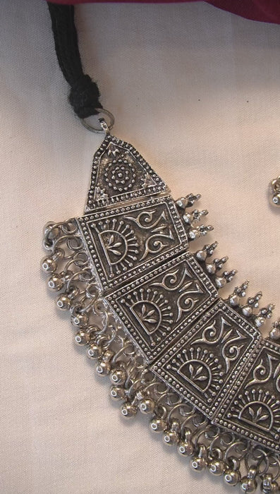 Boho Look Oxidized Necklace Set With Earring - Oxidised Silver Necklaces