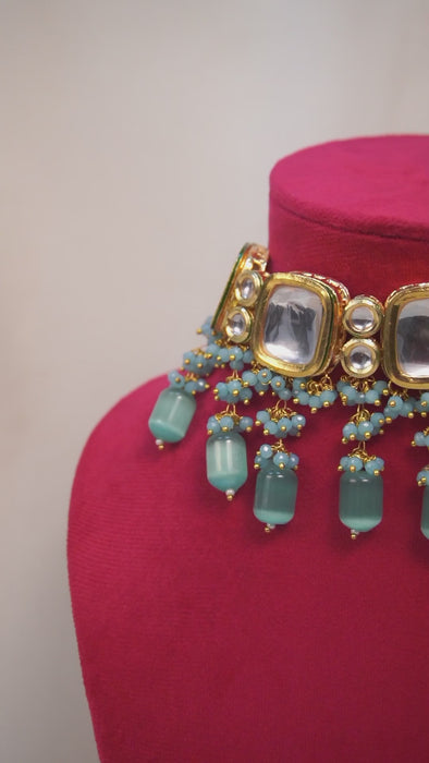 Blue Kundan Polki Choker Necklace Set with Earrings - Choker Necklace Set