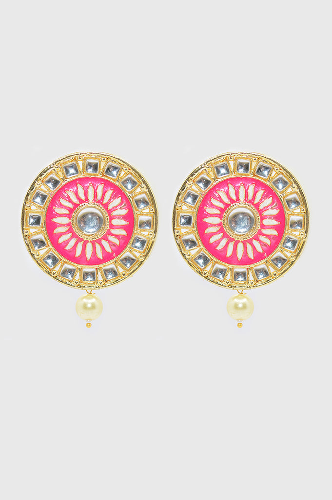 Pink Meenakari Big Stud with Kundan Stone and Pearl Earrings Online - Niscka