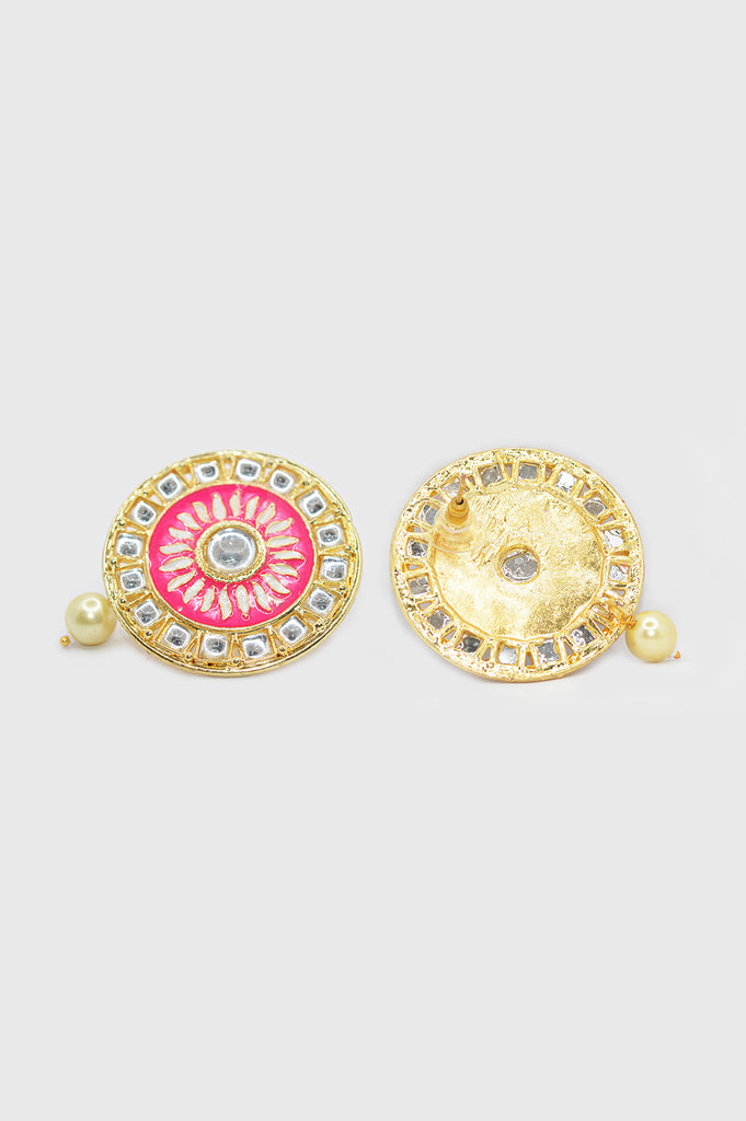 Pink Meenakari Big Stud with Kundan Stone and Pearl Earrings for Women - Niscka