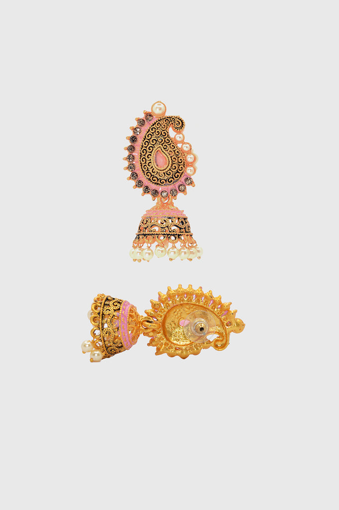Pink & Gold Colour Traditional Jhumki with Pearls Online - Niscka