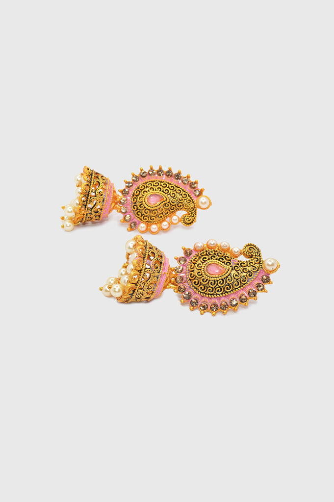 Pink & Gold Colour Traditional Jhumki with Pearls - Niscka